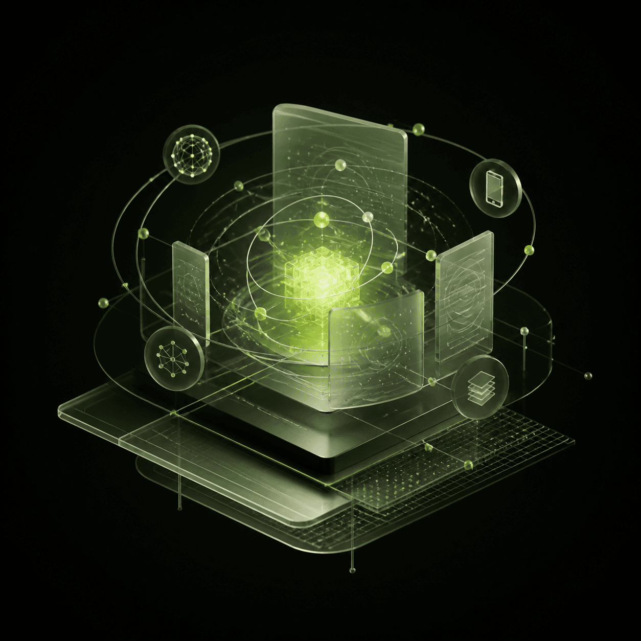 Abstract connected software systems glowing in lime green
