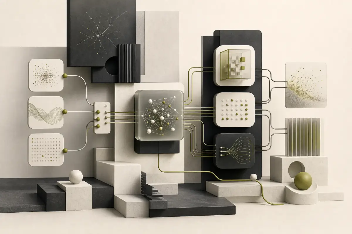 Abstract connected AI nodes and automated workflow modules