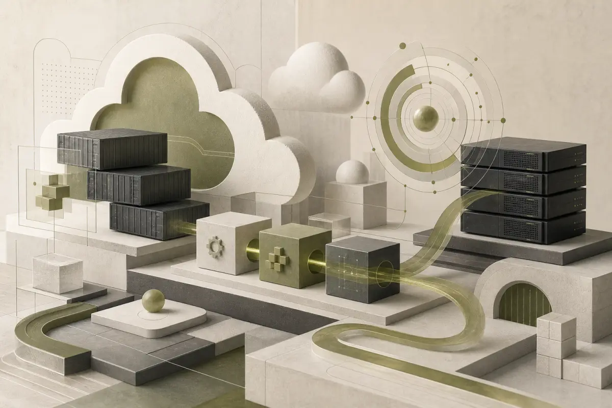 Abstract cloud infrastructure with containers and deployment pipeline forms